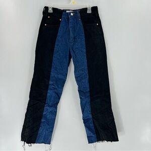 E.L.V. Denim Two Tone Black Blue High Waist Straight Raw Hem Jeans 28